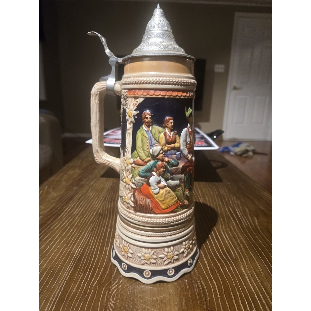 Vintage GERZ W Germany Musical Beer Stein Pewter Lid Tyrolean Dancers 13.5